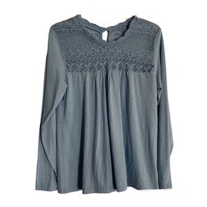 Cottagecore French-Blue Crocheted Yoke Keyhole Closure Long Sleeve Bass Top NWT